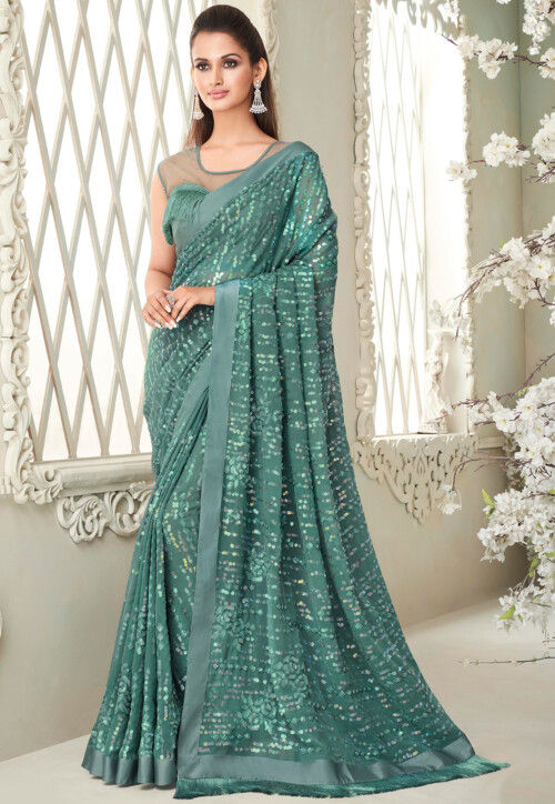 Sequinned Georgette Saree in Sea Green : SYC10440