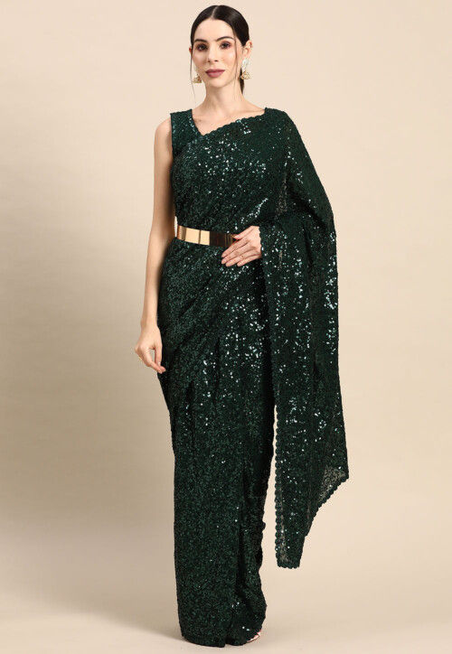 Sequinned Georgette Scalloped Saree in Dark Green