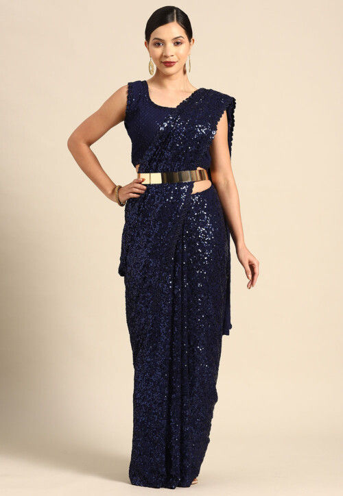 Sequinned Georgette Scalloped Saree in Navy Blue