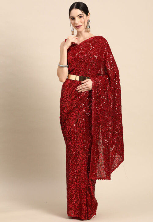 Sequinned Georgette Scalloped Saree in Red