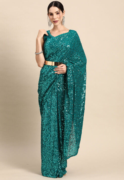 Sequinned Georgette Scalloped Saree in Teal Blue