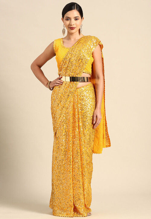 Sequinned Georgette Scalloped Saree in Yellow