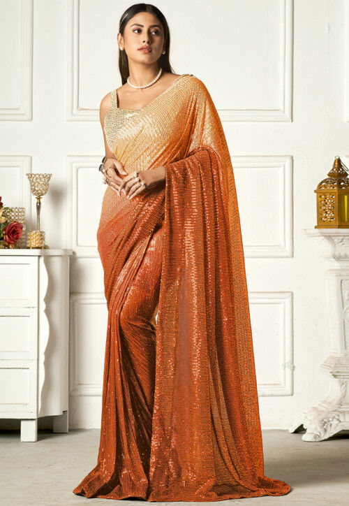 Buy White Georgette Sequin Saree With Unstitched Blouse Piece