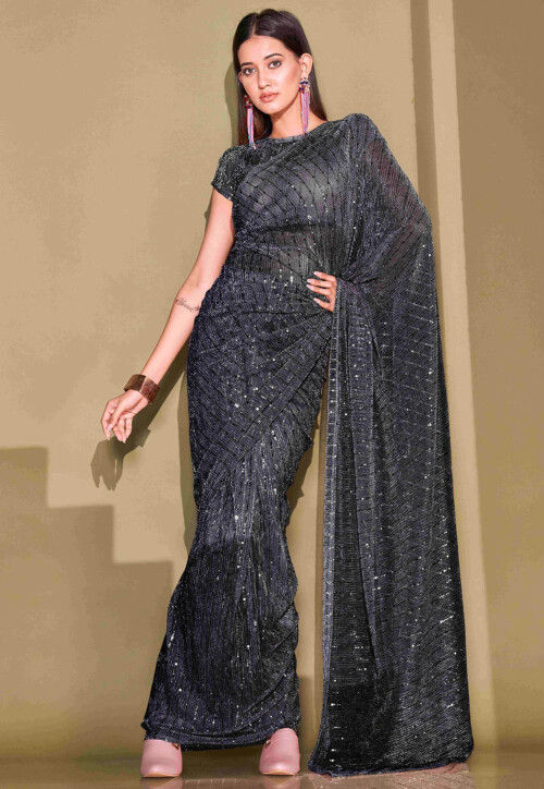Sequinned Lycra(Elastane) Saree in Black