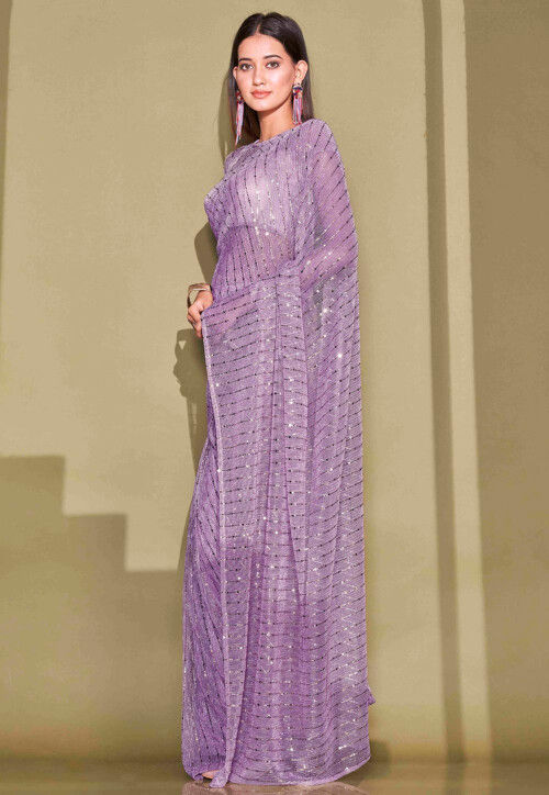 Sequinned Lycra(Elastane) Saree in Light Purple