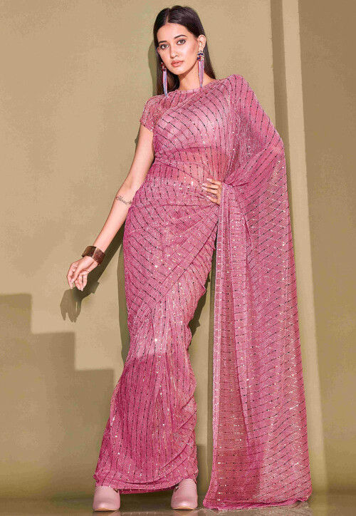 Sequinned Lycra(Elastane) Saree in Pink