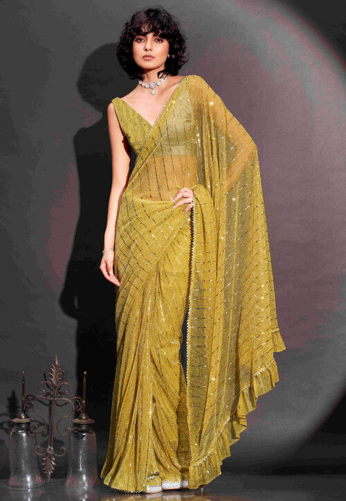 Sequinned Lycra(Elastane) Saree in Yellow