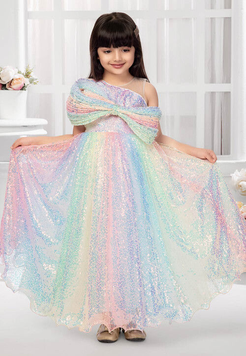 Sequinned Net Gown in Multicolor