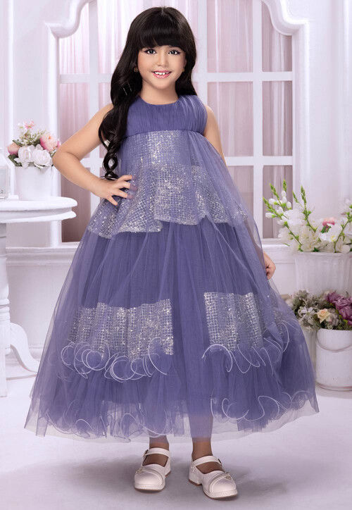 Sequinned Net Gown in Purple