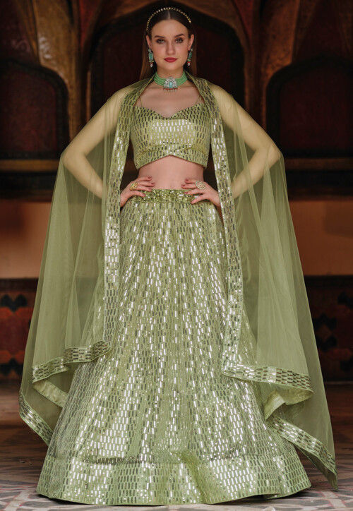 OLIVE GREEN COLOR NET WITH SEQUINS AND THREAD EMBROIDERY WORK SEMI-STITCHED  LEHENGA & UNSTITCHED BLOUSE WITH DUPATTA - GRUHNAREE - 4179284