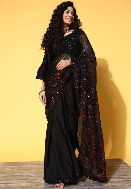 Sequinned Net Saree in Black