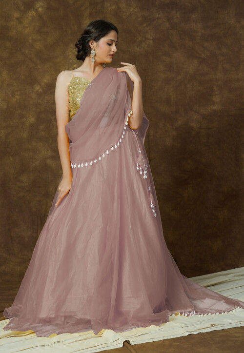 Sequinned Organza Lehenga in Old Rose