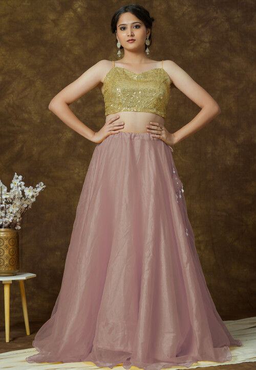 Sequinned Organza Lehenga in Old Rose