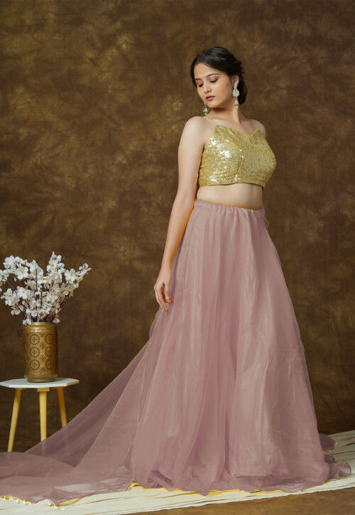 Sequinned Organza Lehenga in Old Rose