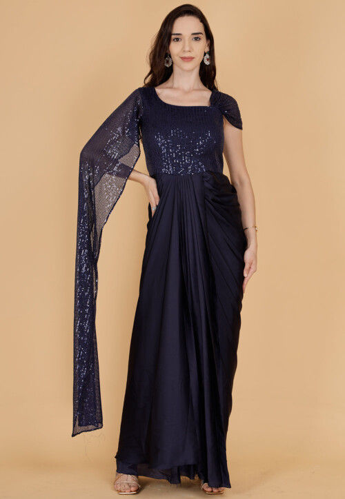 Sequinned Satin Gown in Navy Blue