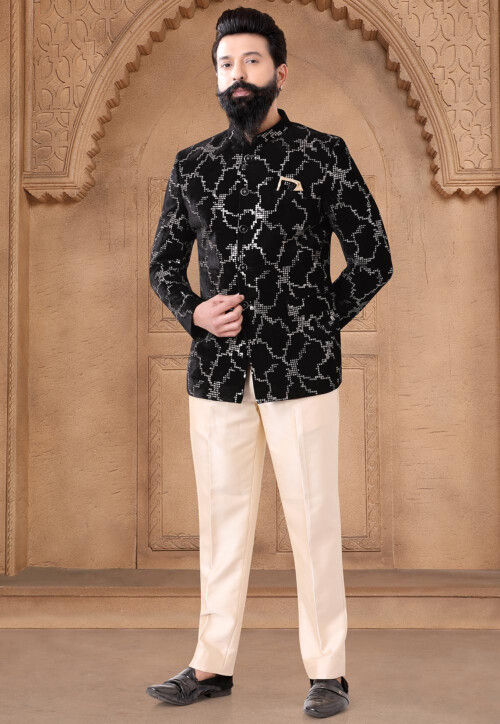 Sequinned Velvet Jodhpuri Suit in Black