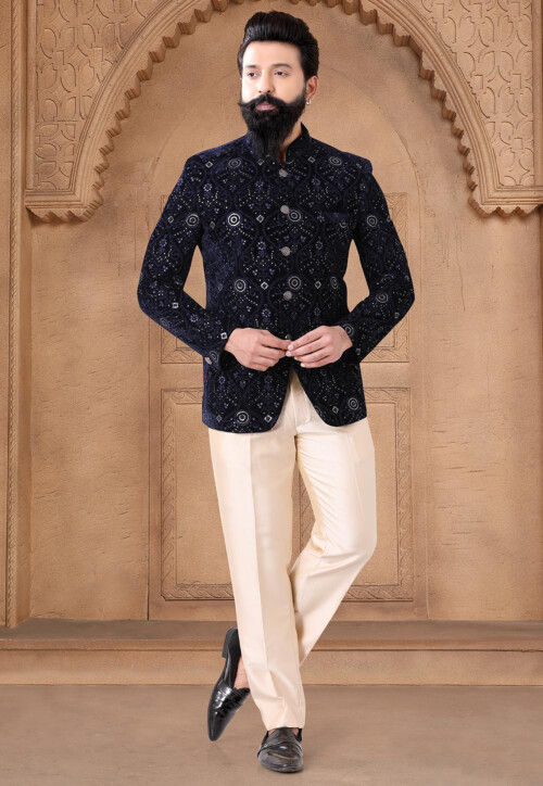 Buy Sequinned Velvet Jodhpuri Suit in Navy Blue Online MUY1792 Utsav Fashion