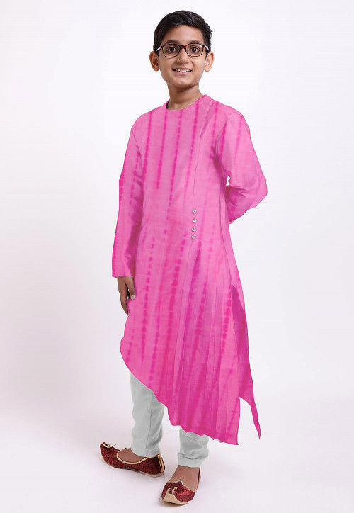Shibhori Printed Pure Silk Kurta Set in Pink