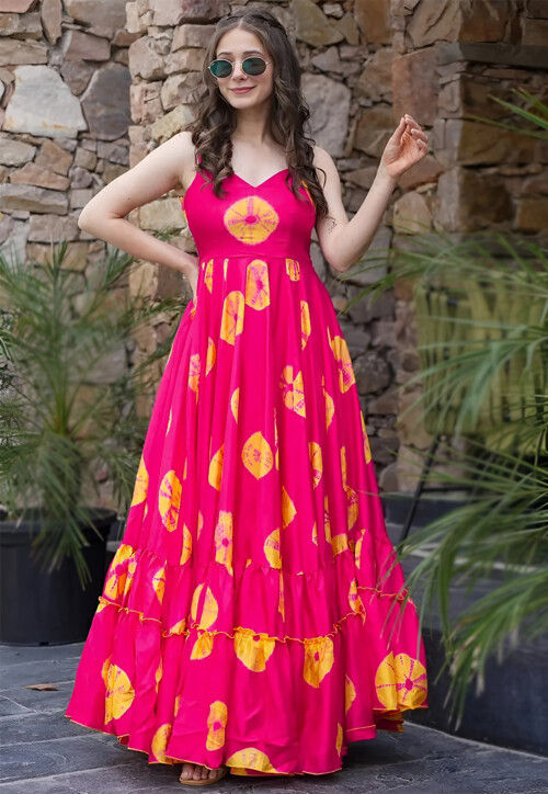 Shibhori Printed Rayon Gown in Pink