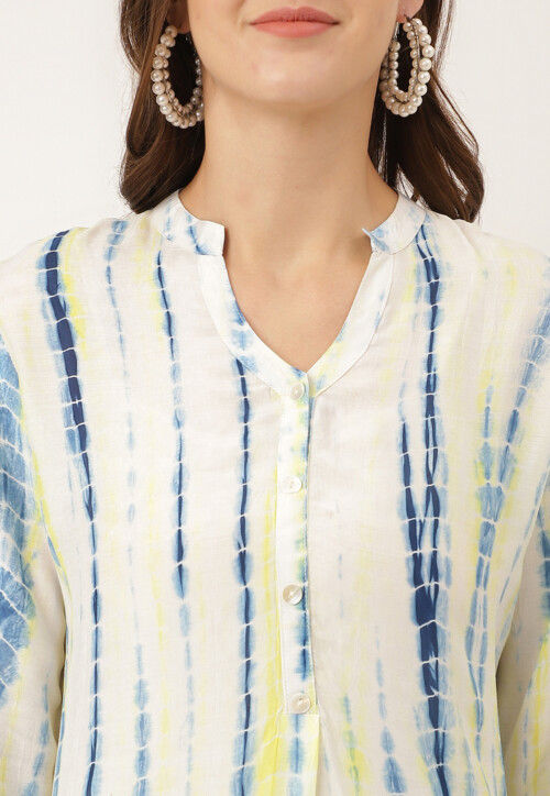 Shibori Printed Cotton Straight Kurta Set in Off White