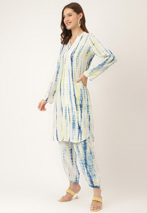 Shibori Printed Cotton Straight Kurta Set in Off White