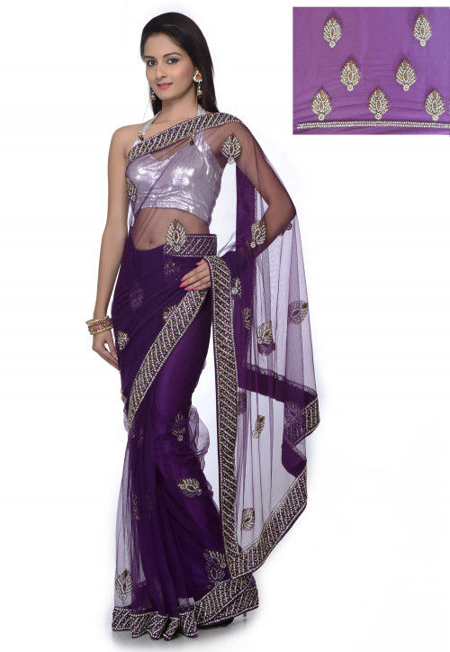 Stone Embroidered Net Saree in Purple