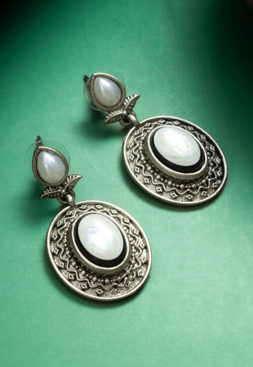 Silver Look Alike Oxidised Stone Studded Earrings