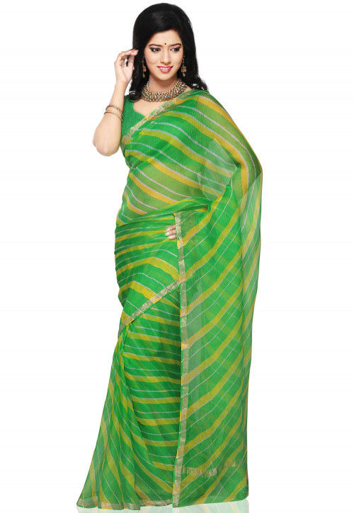 Leheriya Printed Pure Kota Silk Saree in Green and Yellow