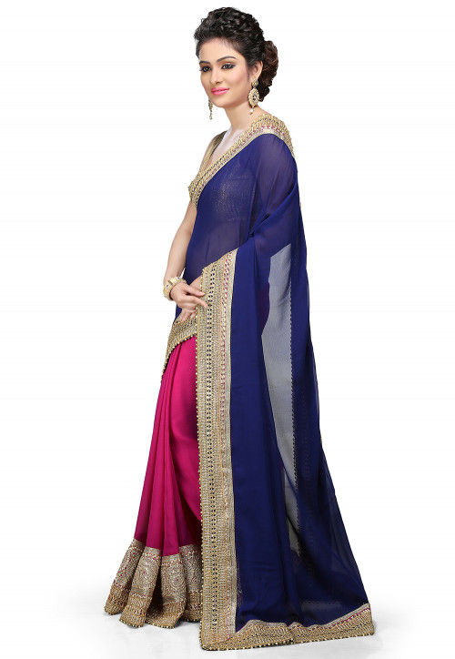 Embroidered Half N Half Georgette Saree in Navy Blue and Fuchsia