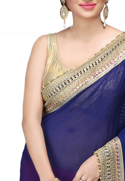 Embroidered Half N Half Georgette Saree in Navy Blue and Fuchsia