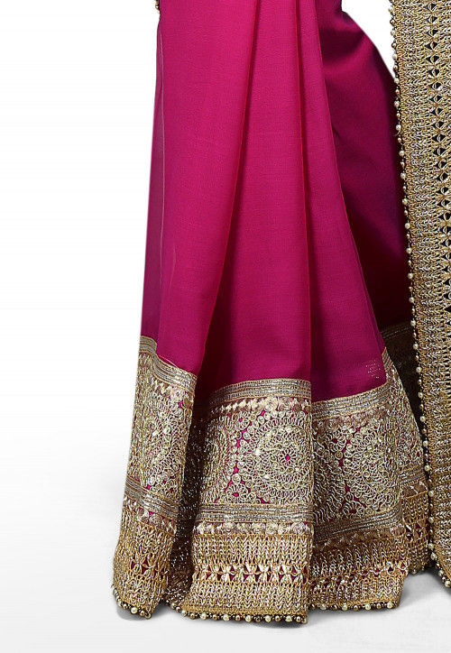 Embroidered Half N Half Georgette Saree in Navy Blue and Fuchsia