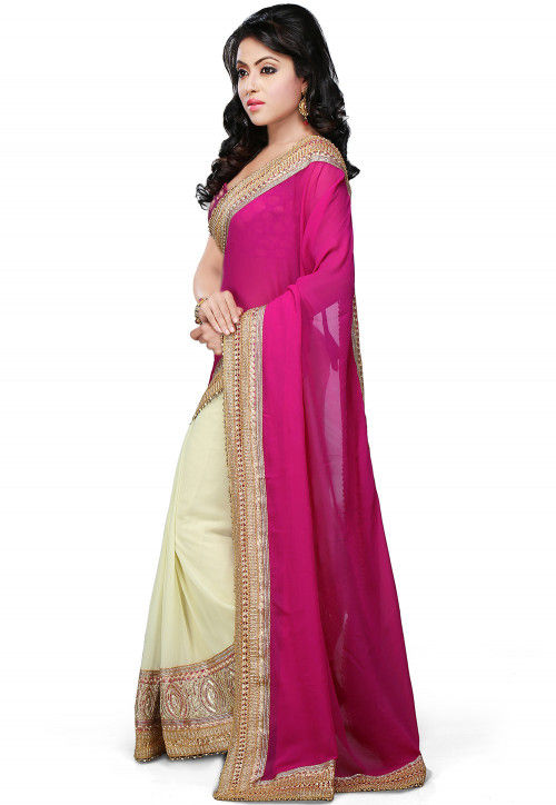 Half N Half Georgette Saree in Fuchsia and Off White