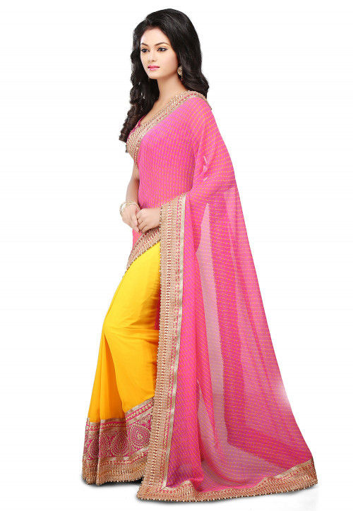 Half N Half Georgette Saree in Pink and Yellow