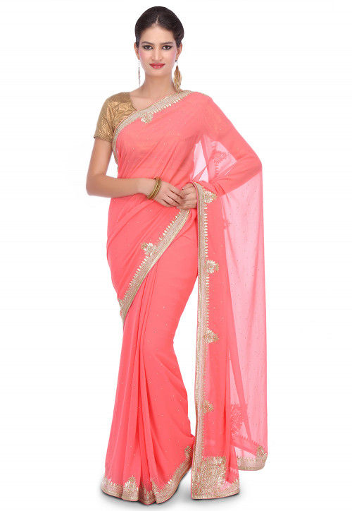 Hand Embroidered Georgette Saree in Peach