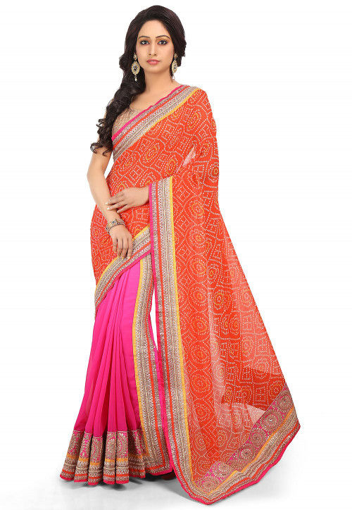 Two Part Georgette Saree in Orange and Ombre Pink