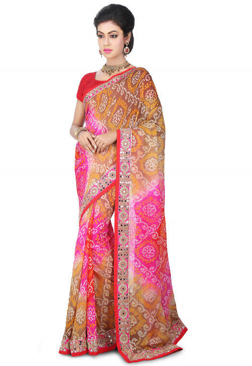 Pure Chinon Crepe Bandhej Saree in Shaded Beige and Pink