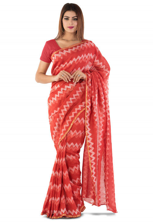 Dabu Printed Chanderi Cotton Saree in Red