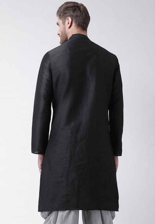 Slitted Dupion Silk Angrakha Style Kurta in Black : MVE1066