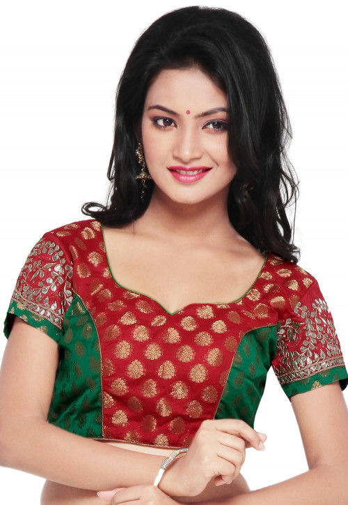 Embroidered Chanderi Silk Brocade Blouse in Red and Green
