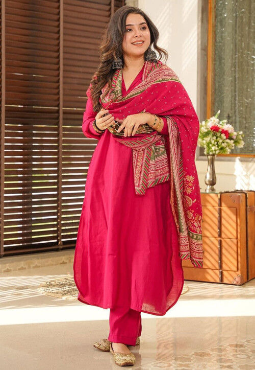 Soild Color Cotton Pakistani Suit in Fuchsia