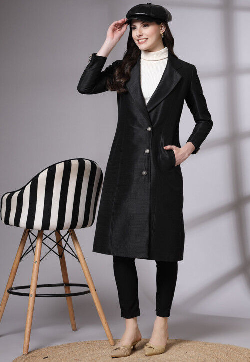 Buy Solid Color Art Dupion Silk Trench Coat in Black Online