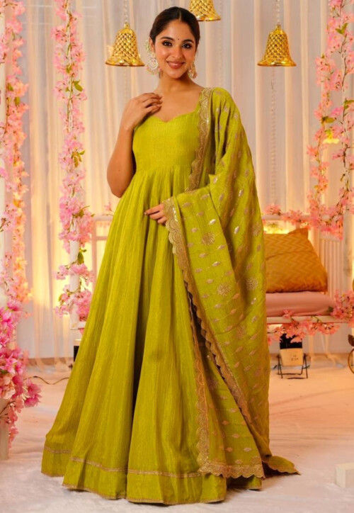 Solid Color Art Silk Abaya Style Suit in Light Green