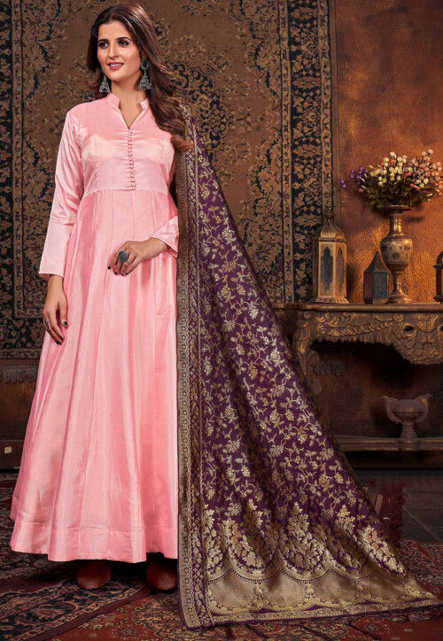 Embroidered Georgette Front Slit Abaya Style Suit in Wine : KCH6488