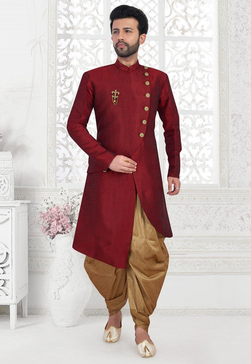 Solid Color Art Silk Asymmetric Dhoti Sherwani in Maroon