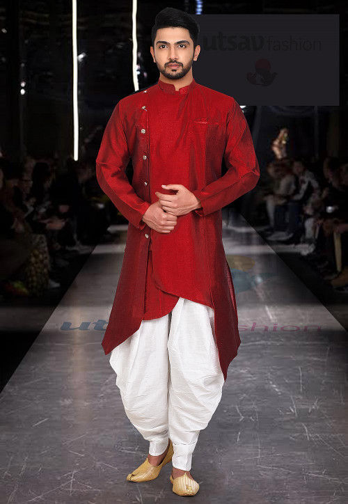 Solid Color Art Silk Asymmetric Kurta Set in Red