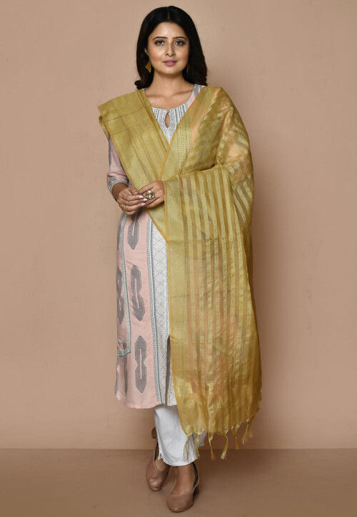 Solid Color Art Silk Dupatta From Banaras in Beige