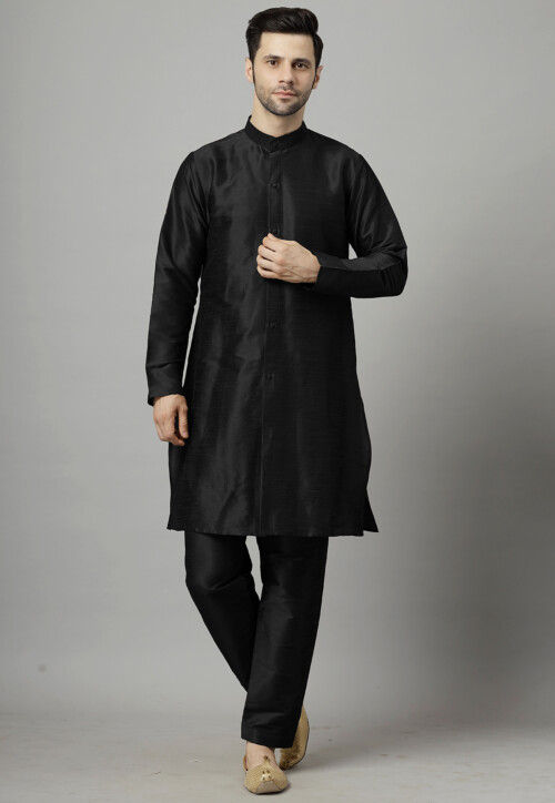Solid Color  Art Silk Front Slit Kurta Set in Black