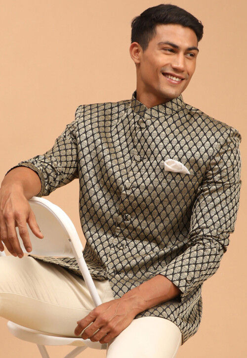 Solid Color Art Silk Jacquard Jodhpuri Jacket in Black