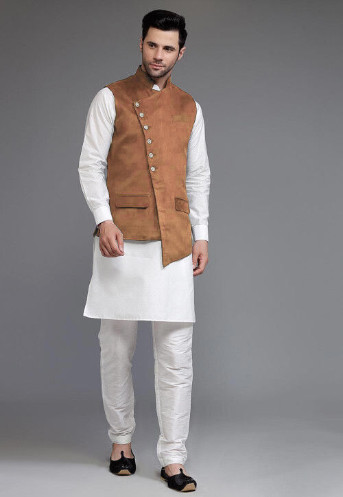 Solid Color Art Silk Kurta Set in Off White