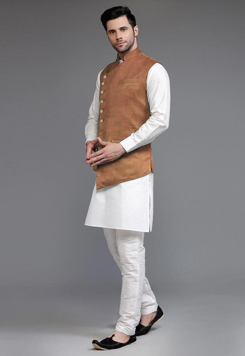 Solid Color Art Silk Kurta Set in Off White